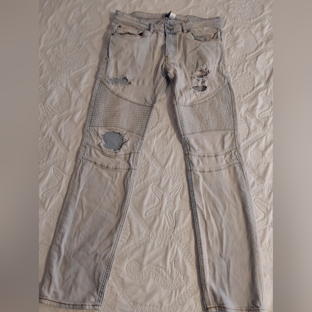 H&M Denim Jeans, Men's Size 34 Light Blue, Distressed, Straight Leg Denim Jeans